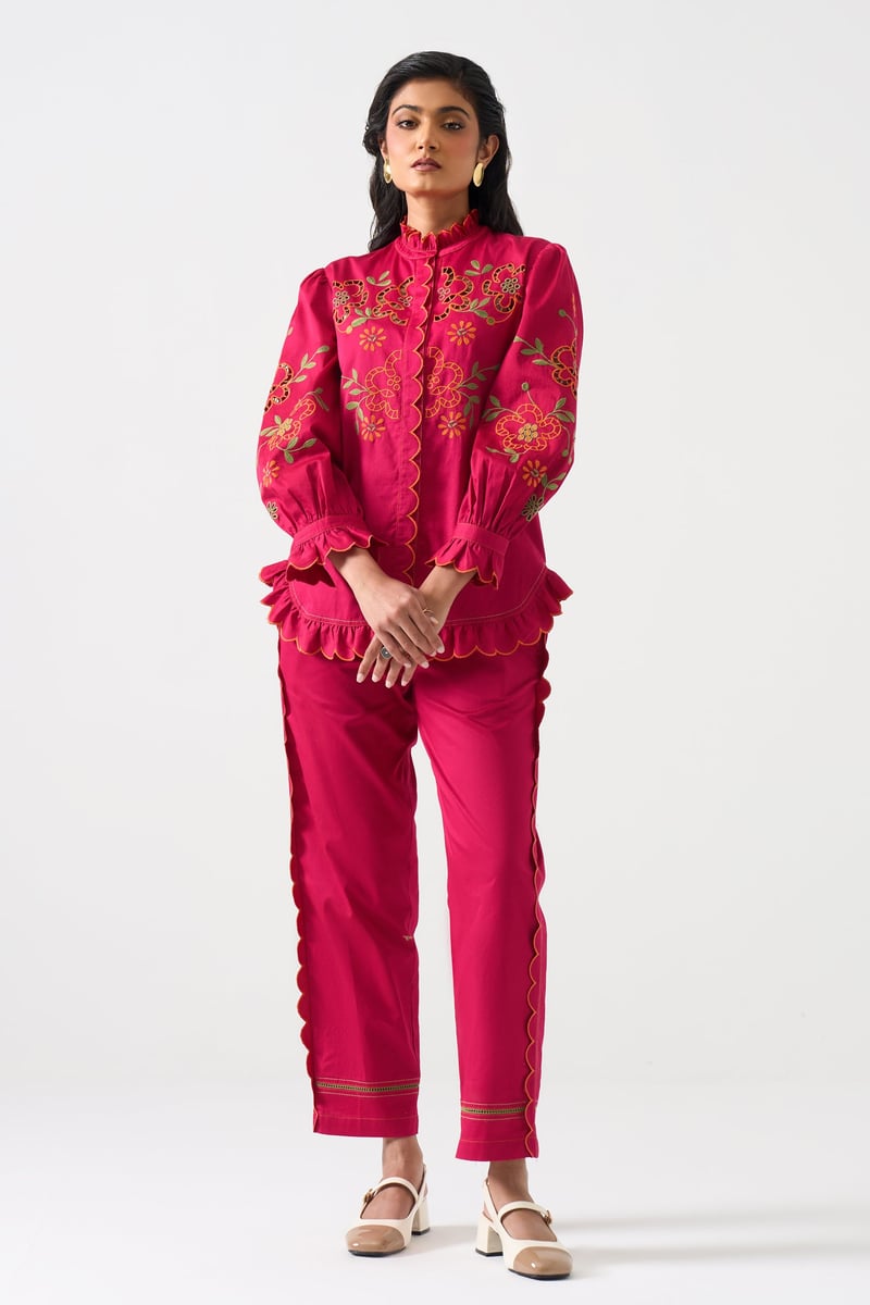 Hot Pink Embroidered Ruffle-Trim Mandarin Collar Shirt