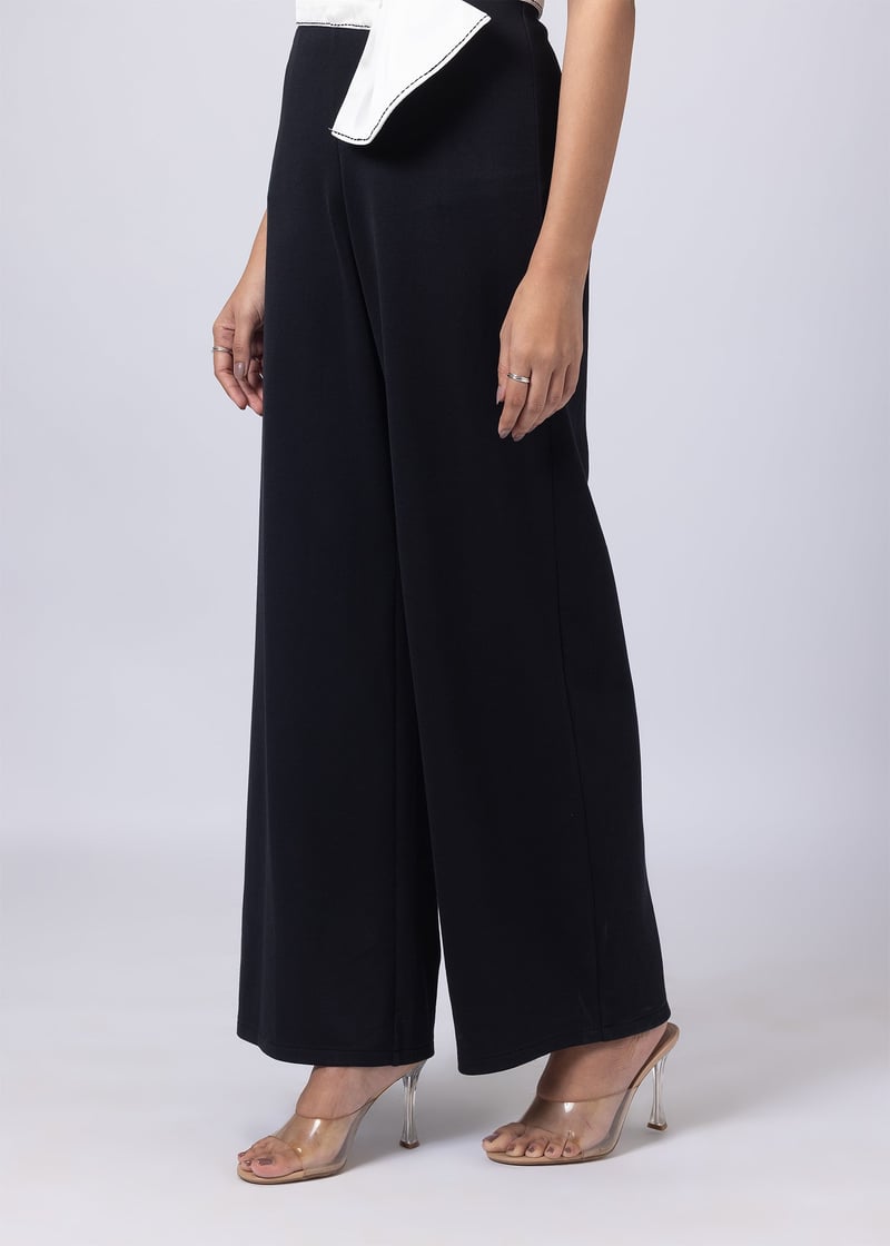Black V-Neck Jumpsuit with Detachable White Bow Belt