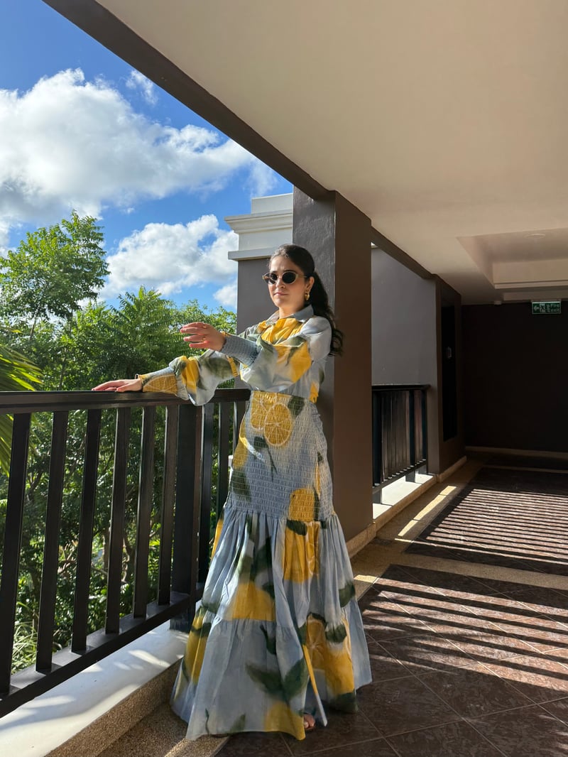 Blue Lemon Print Collared Tiered Maxi Dress