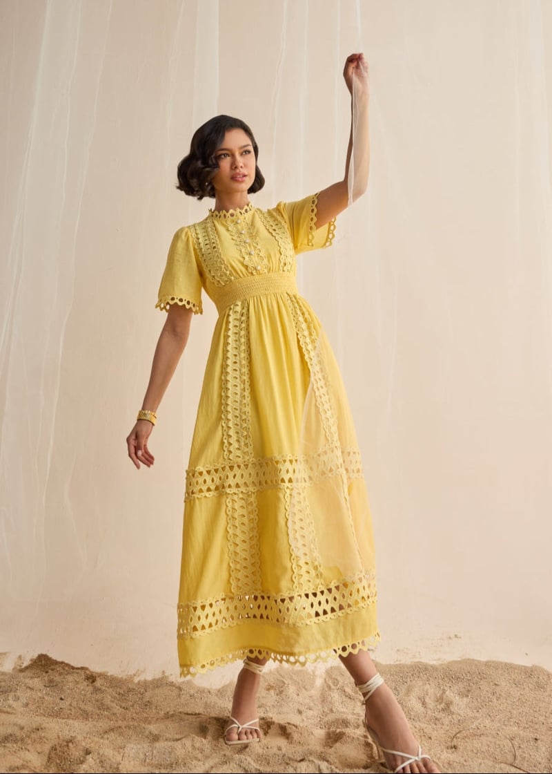 Yellow Lace Cutwork Fit and Flare Maxi Dress