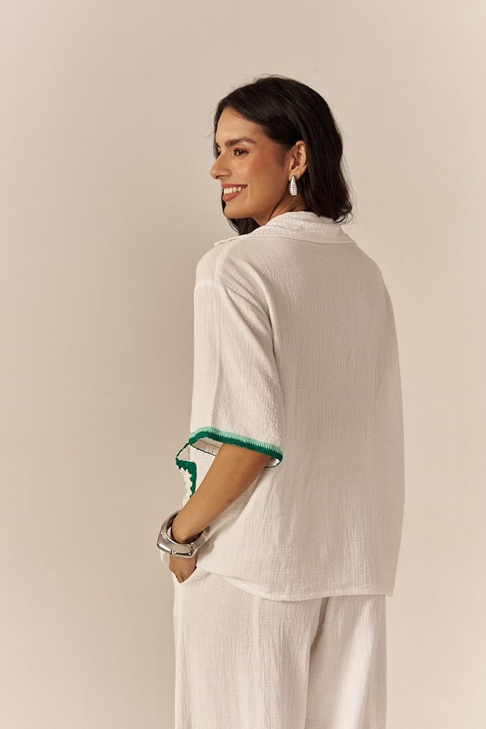 White and Green Crochet Trim Shirt and Shorts Co-ord Set