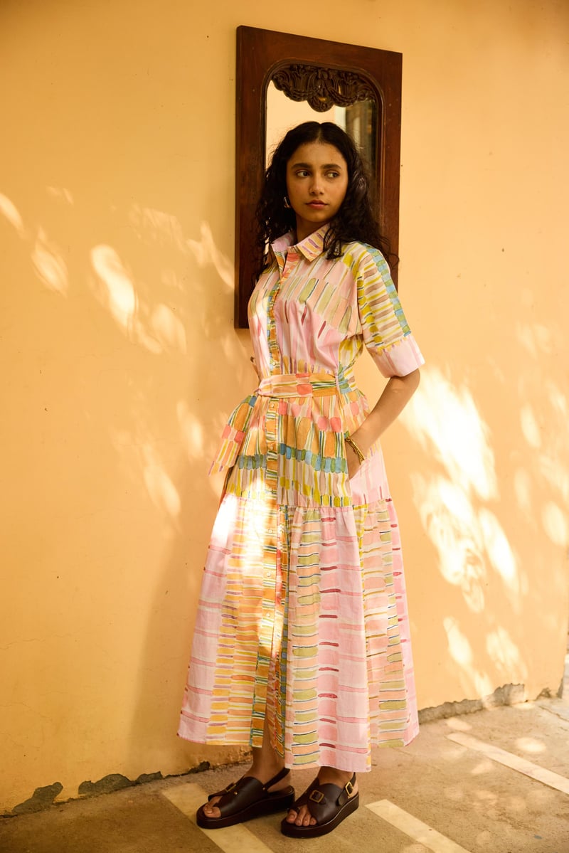 Multicolor Pastel Striped Maxi Shirt Dress with Belt