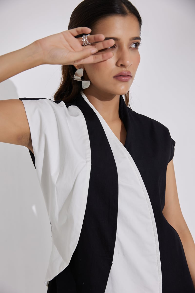 Black and White Colorblock V-Neck Mini Dress