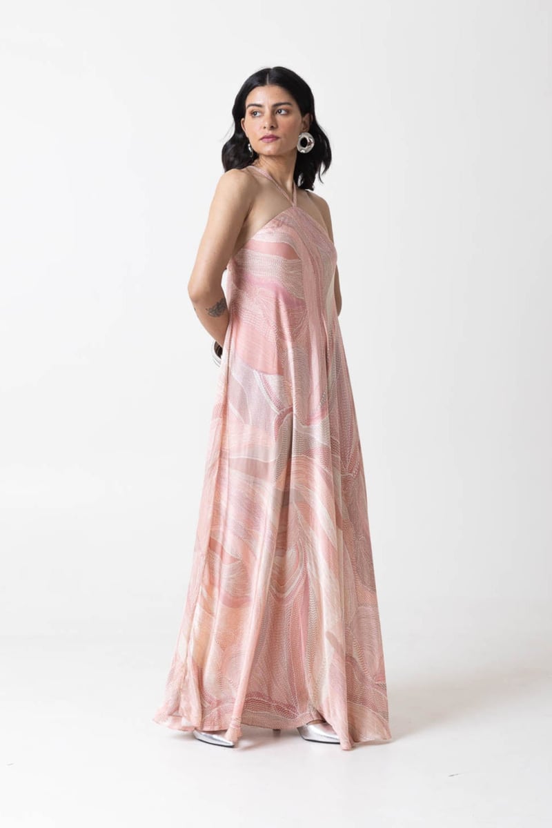 Pink Peach Abstract Printed Halter Maxi Dress