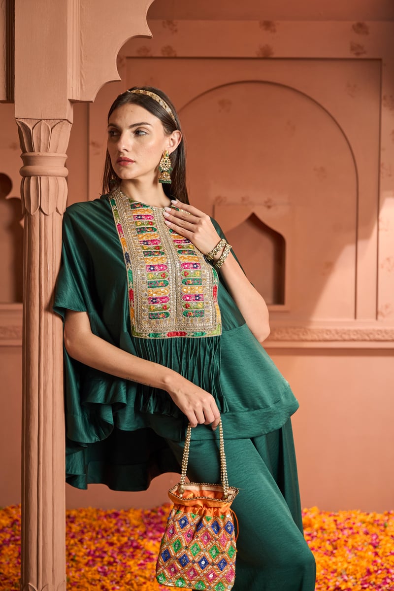 Emerald Green Kaftan Top and Flared Pants Co-ord Set