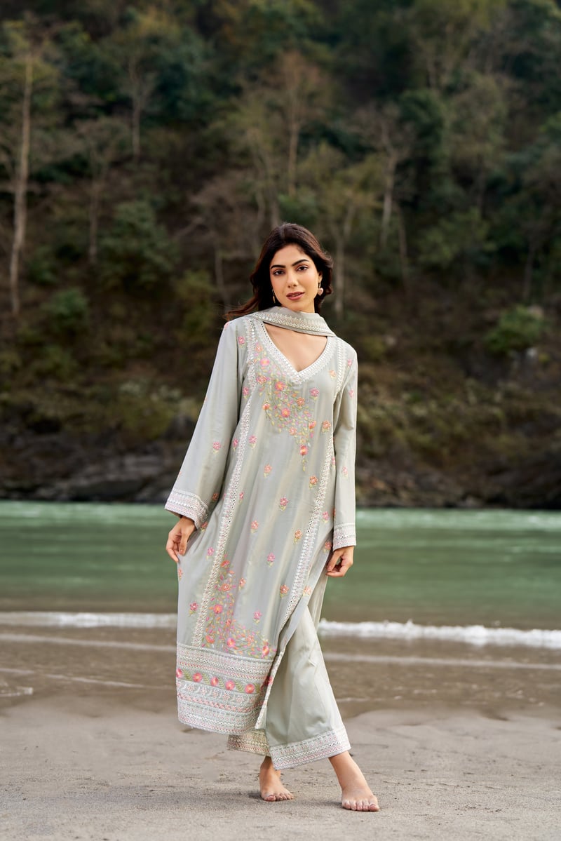 Grey Cotton Embroidered Straight Kurta Set with Dupatta