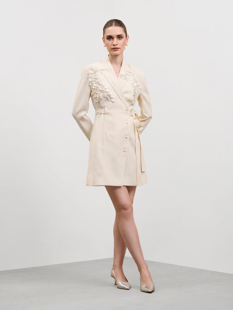 Ivory Wrap Blazer Dress with Pearl Embroidery
