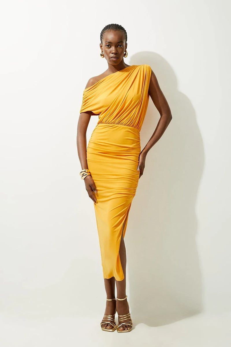 Jersey Crepe Asymmetric Neckline Maxi Dress