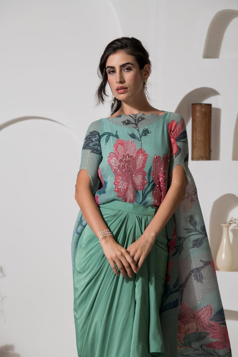 Dusty Jade Green Floral Kaftan and Dhoti Co-ord Set
