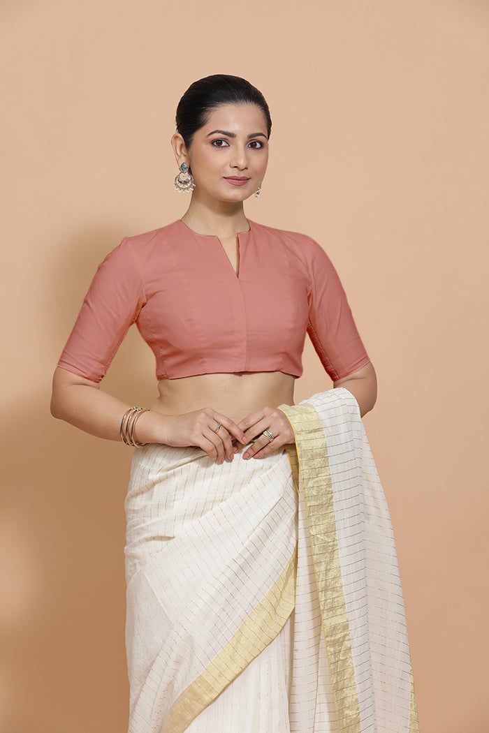 Soft Peach Cotton Round Neck Elbow Sleeve Saree Blouse