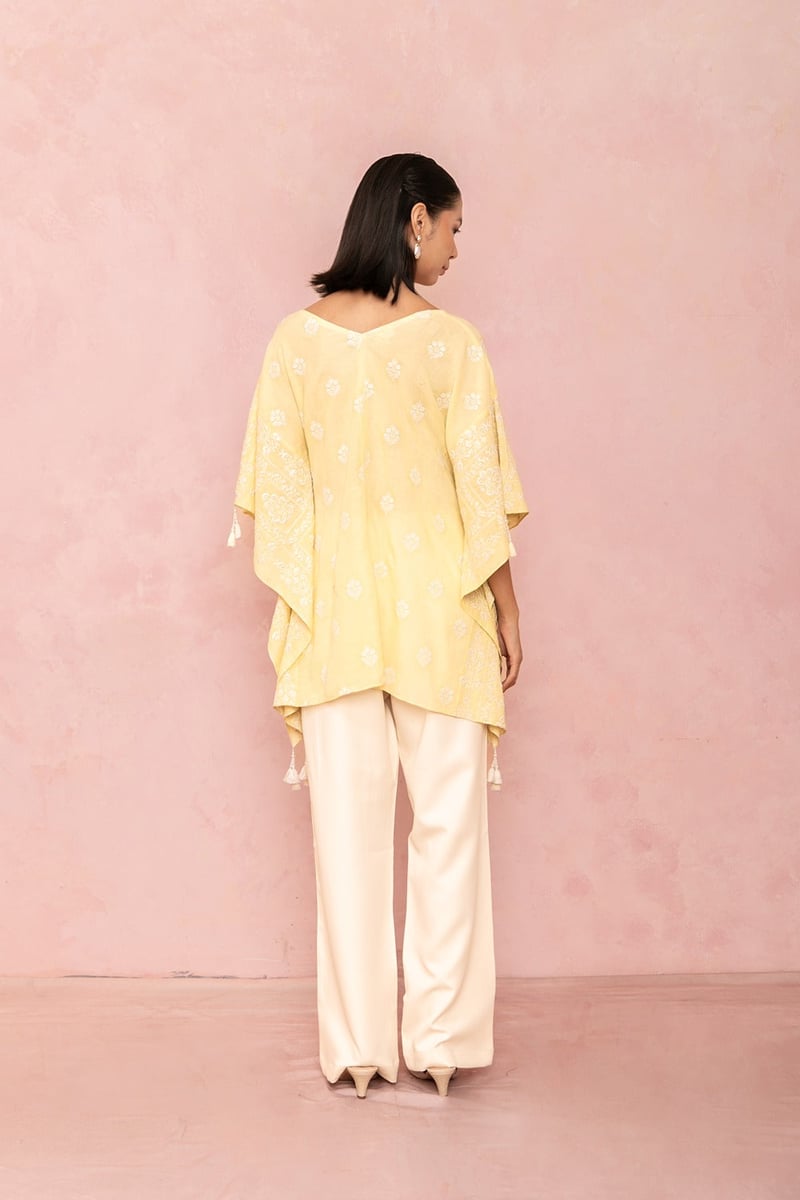 Lemon Yellow Linen Embroidered V-Neck Kaftan Top