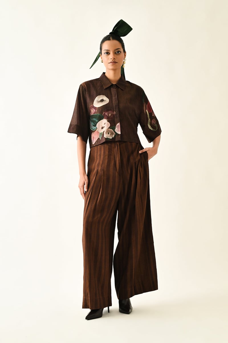 Brown Wide-Leg Pleated Abstract Print Trousers — Ofrida