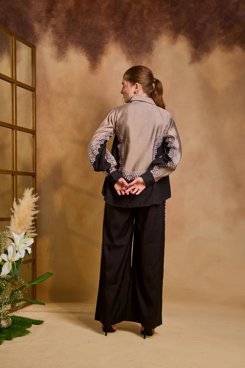 Black and Copper Embroidered Shirt and Trouser Co-ord Set