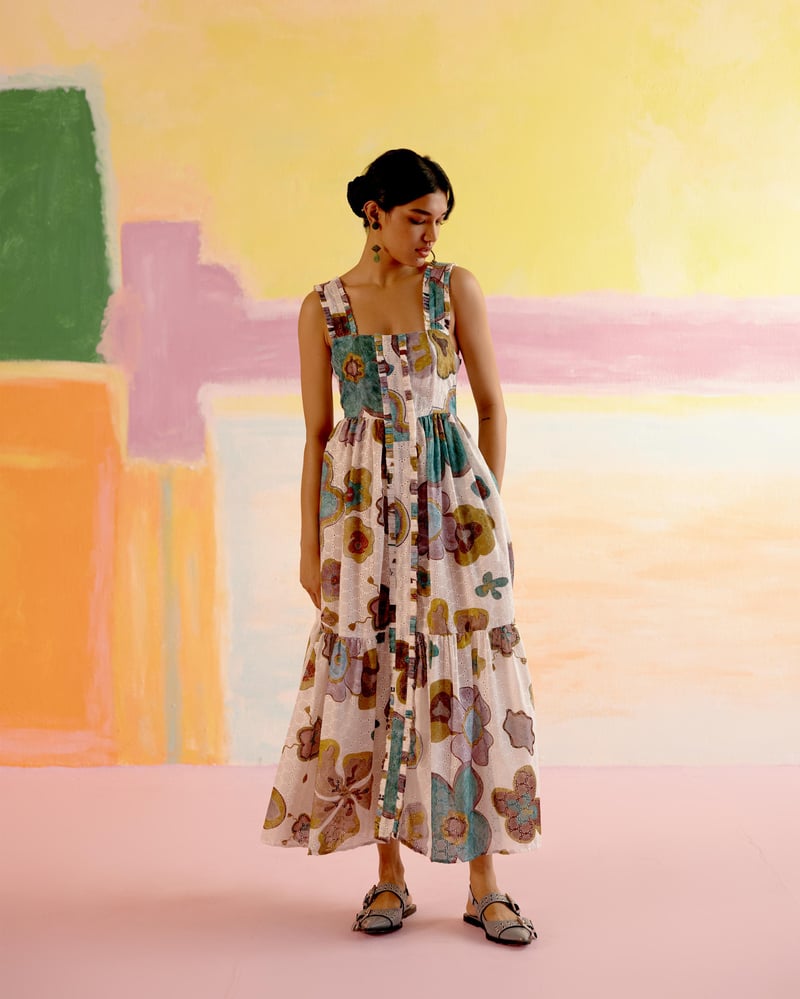 Multicolor Printed Cotton Poplin Tie-Back Tiered Maxi Dress