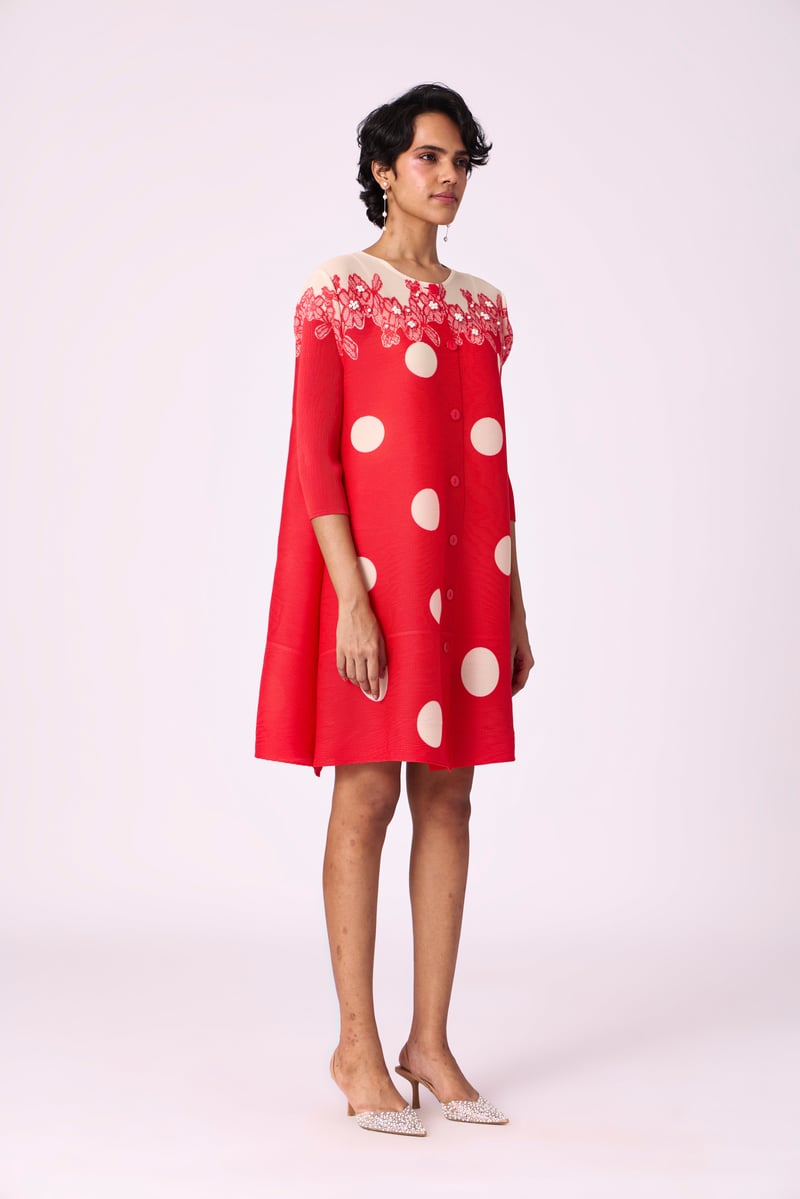 Red Polka Dot Button-Front Knee-Length A-Line Dress
