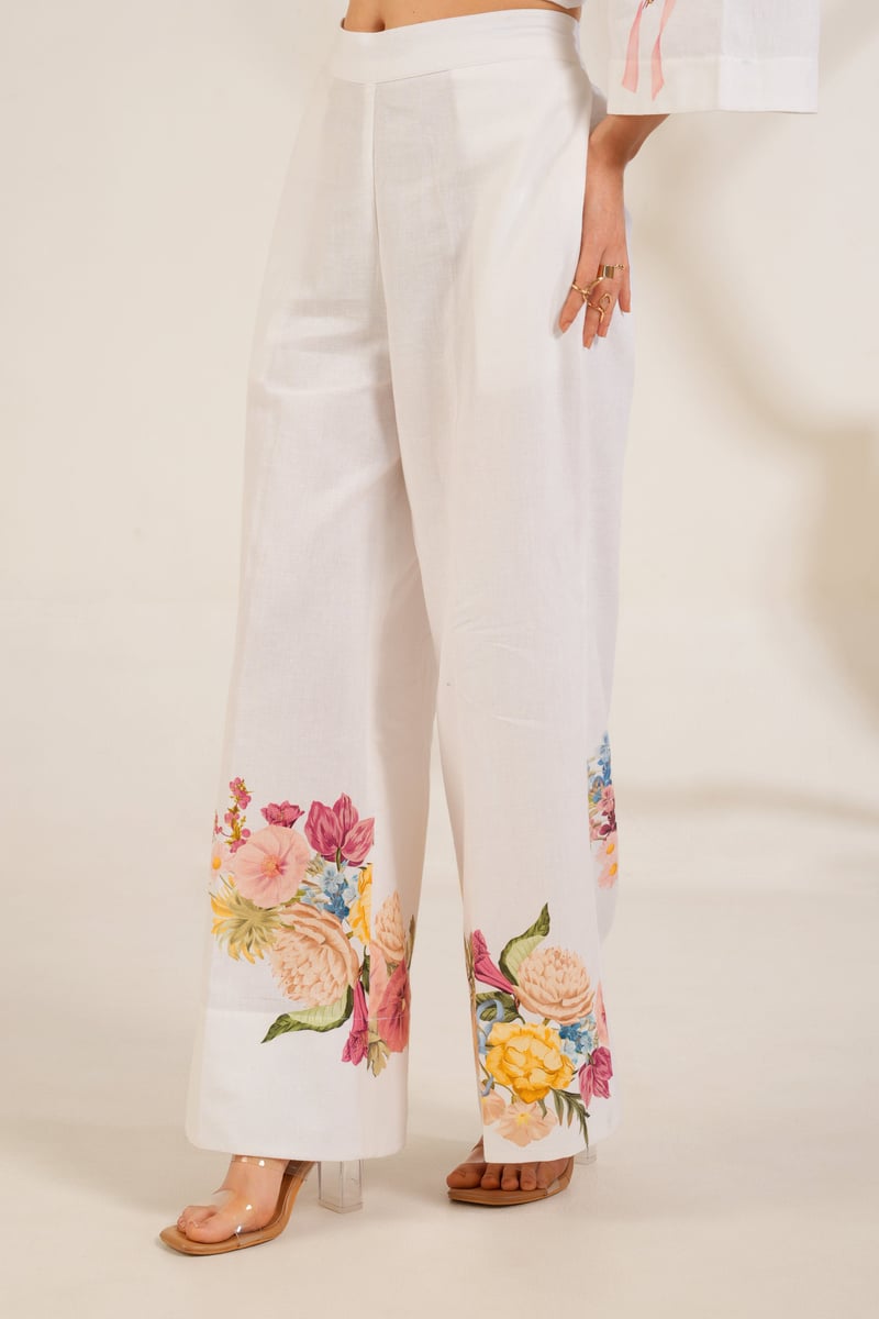 White Floral Printed Kurta Shirt and Trouser Set
