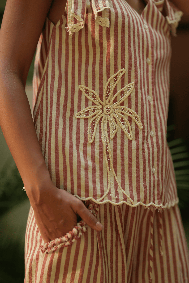 Red and Beige Striped Tie-Shoulder Button-Front Top