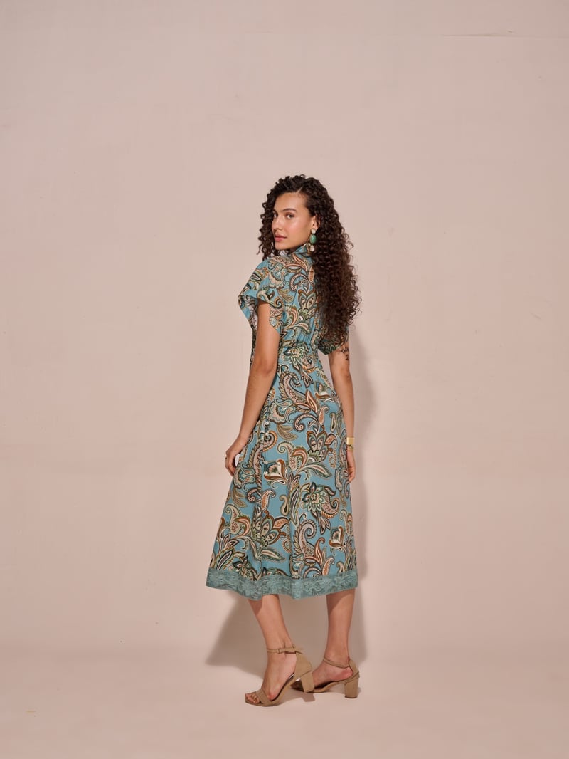 Blue Paisley Print Midi Shirt Dress with Waist Ties