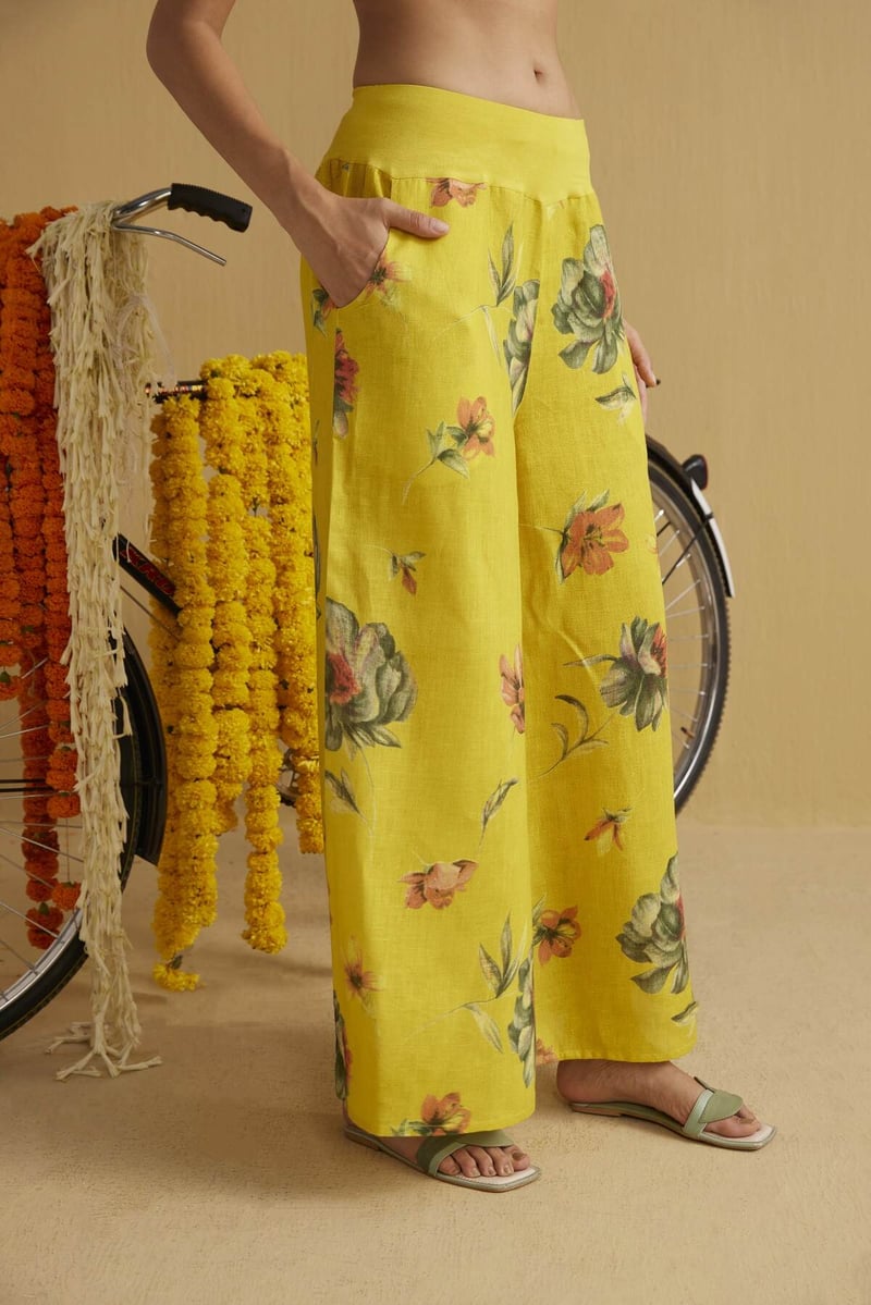 Bumblebee Yellow Linen Floral Palazzo Pants