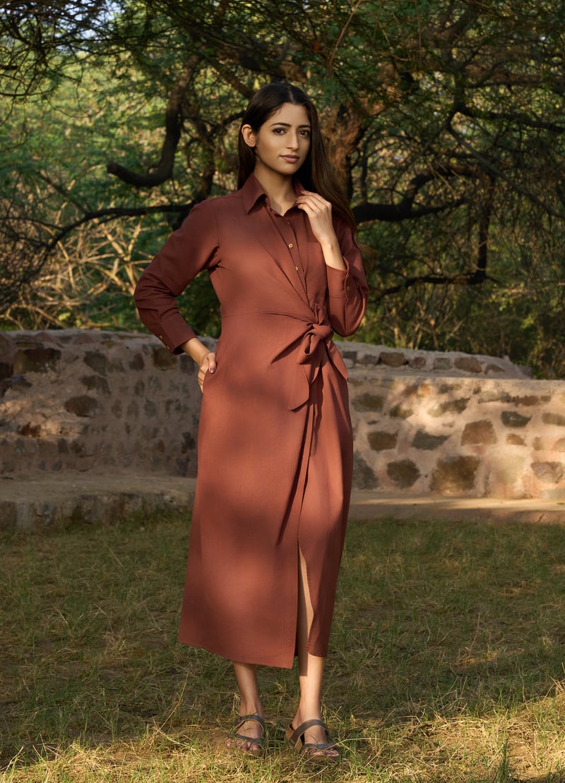 Brick Linen-Blend Tie-Front Midi Shirt Dress