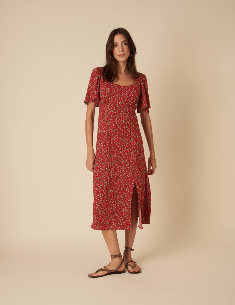 Red Ditsy Floral Scoop Neck Midi Dress with Slit — Nobody's Child