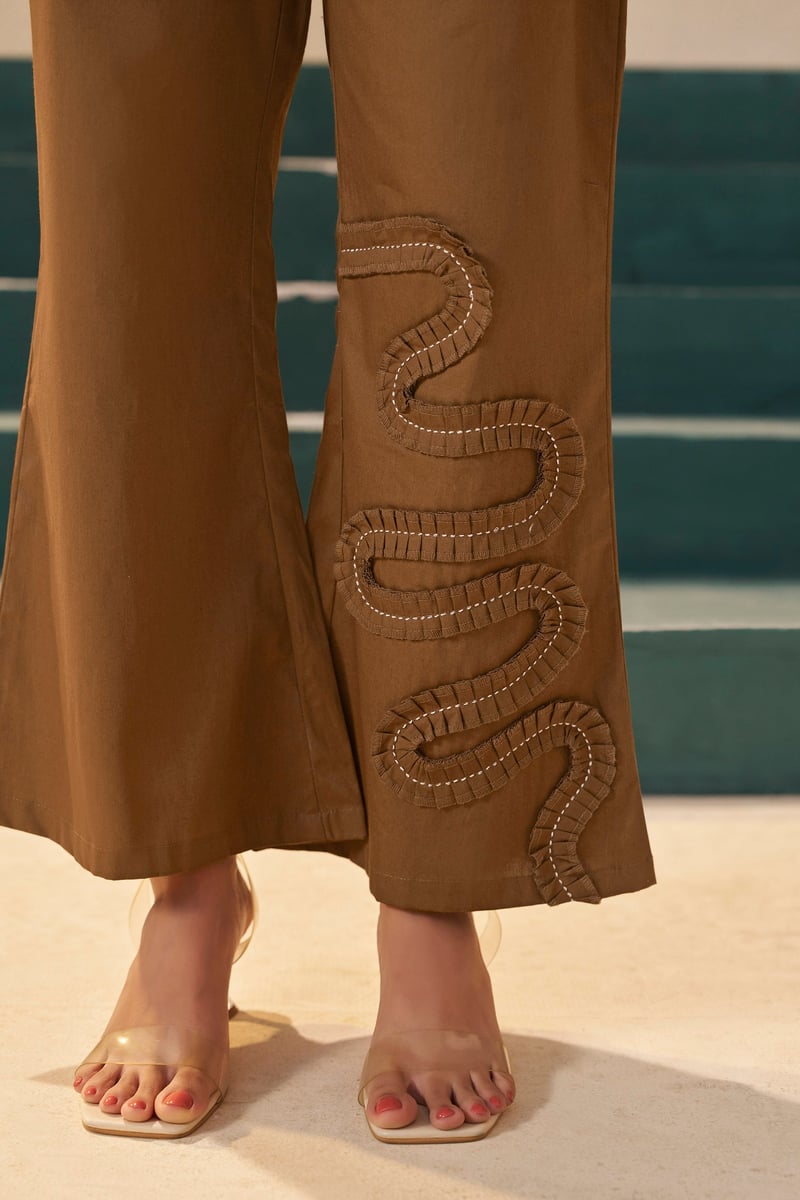 Brown Mandarin Collar Applique Co-ord Set