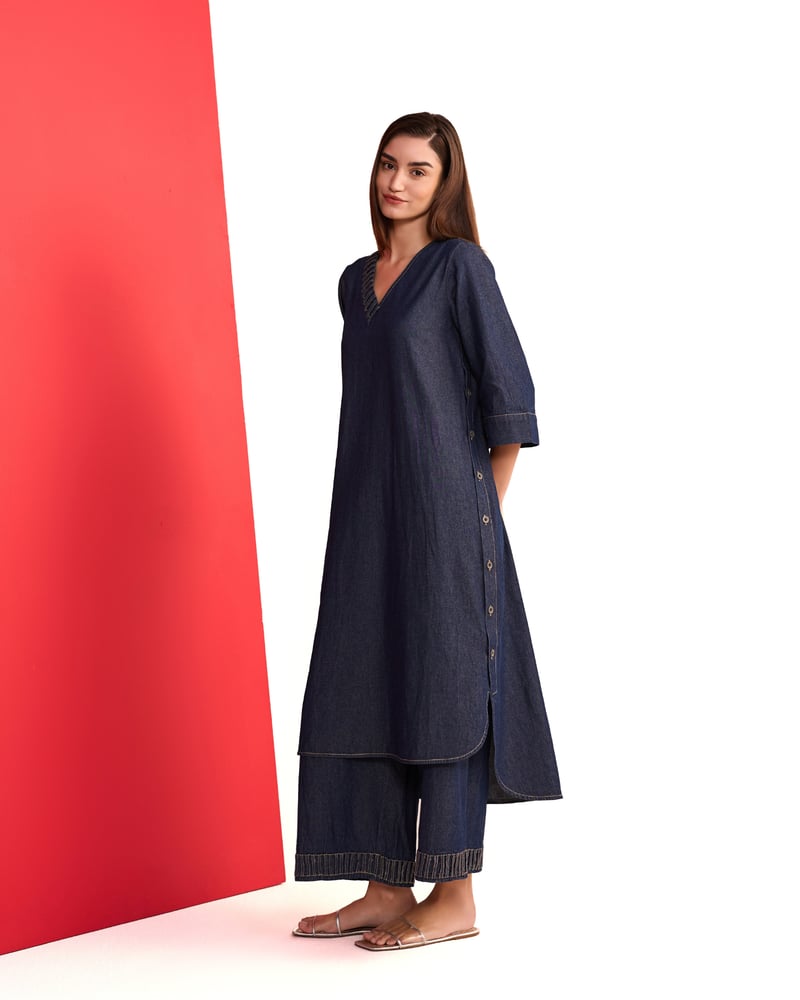 Denim Blue V-Neck Straight Kurta and Pant Set