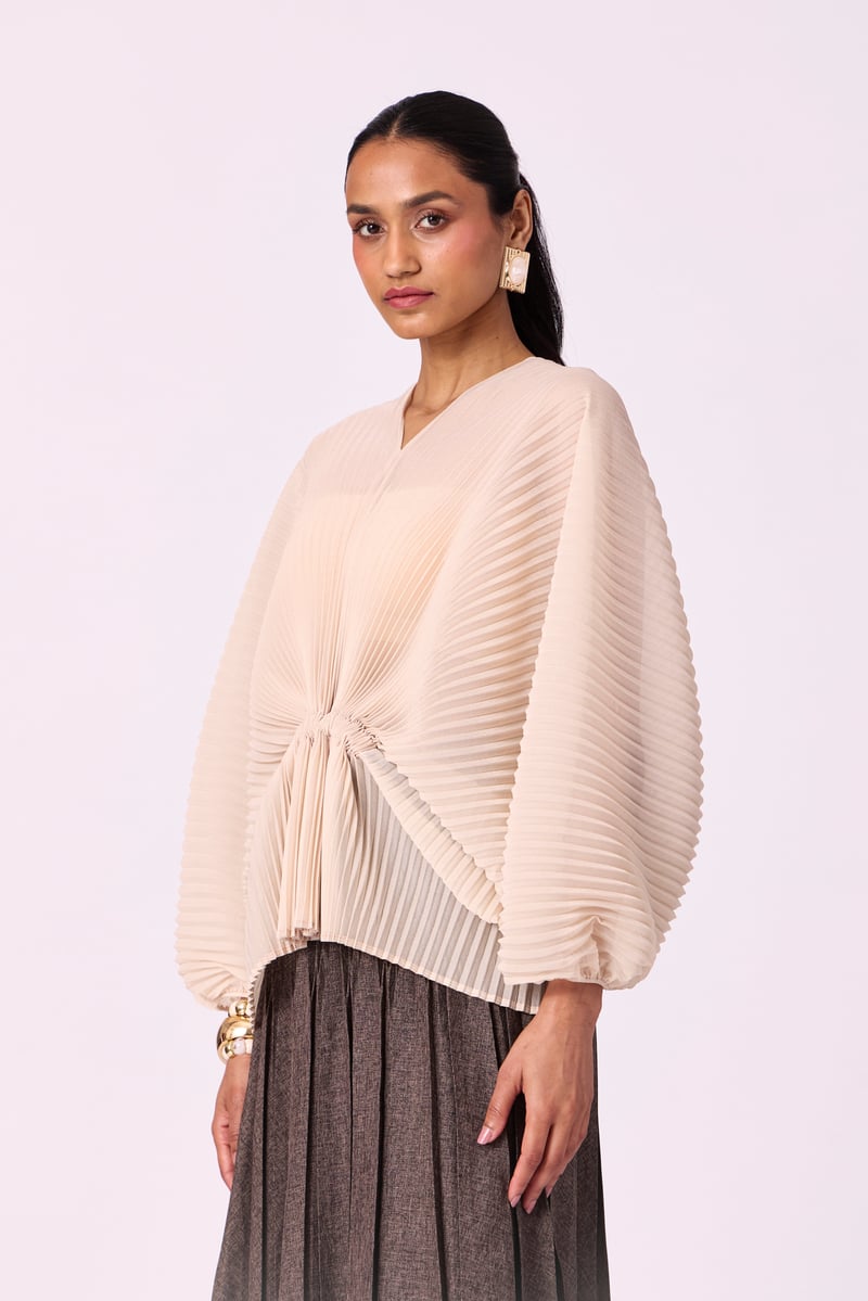 Cream Pleated Kaftan-Inspired V-Neck Batwing Top