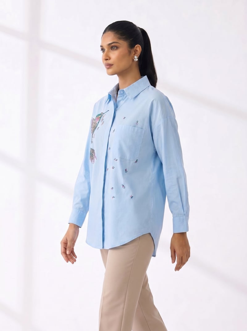 Blue Printed Cotton Button-Down Shirt