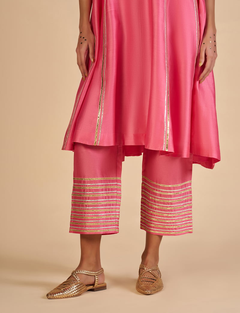 Pink Silk Chanderi Culotte Trousers with Gota Border — Gulabo by Abu Sandeep