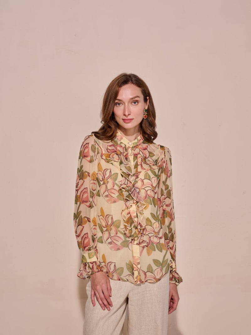 Yellow Floral Chiffon Ruffle High-Neck Top