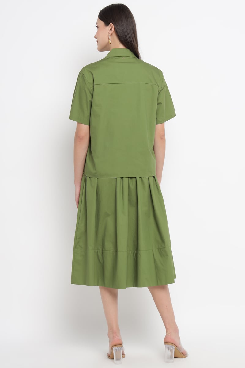 Olive Green High-Waist Tiered Midi Skirt