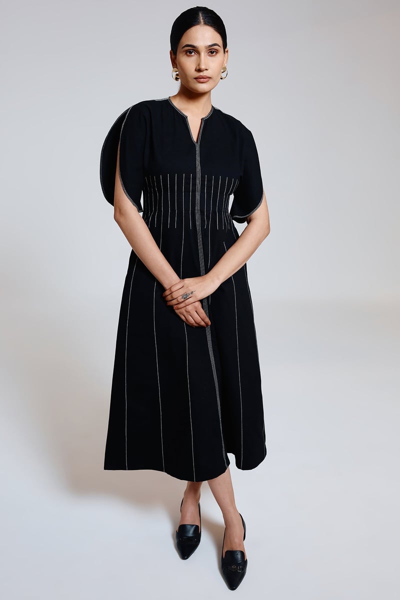 Black A-Line Midi Dress with Cape Sleeves