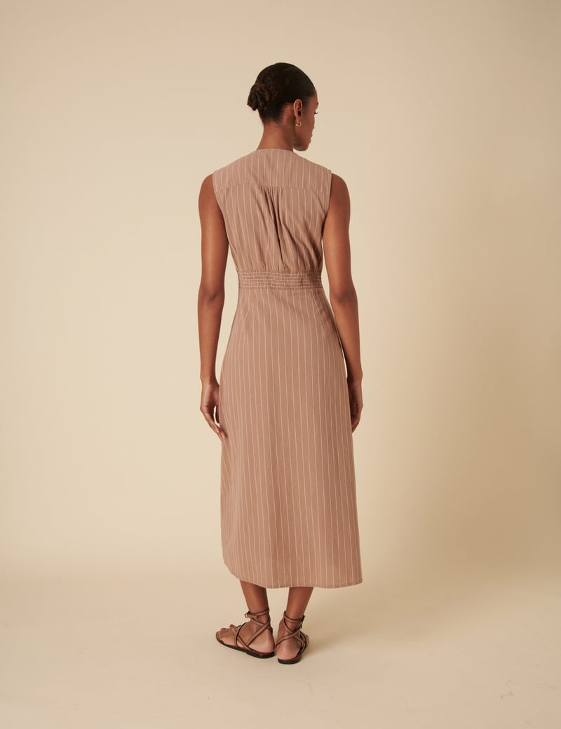 Stone Pinstripe Button-Front Midi Dress