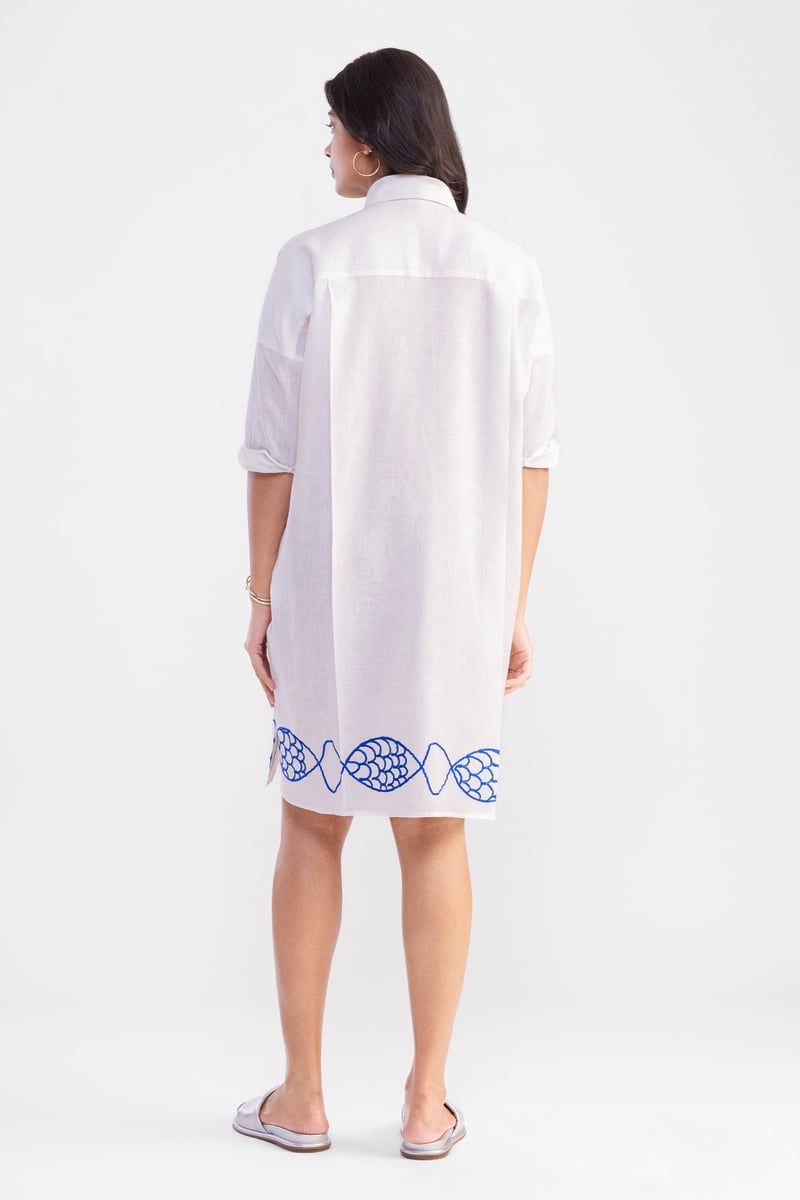 White Mini Shirt Dress with Blue Fish Embroidery