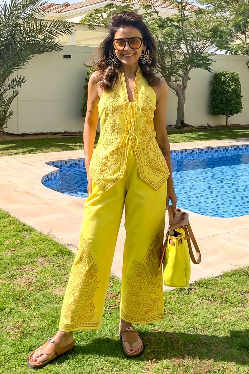 Sunny Yellow Linen Embroidered Waistcoat Co-ord Set