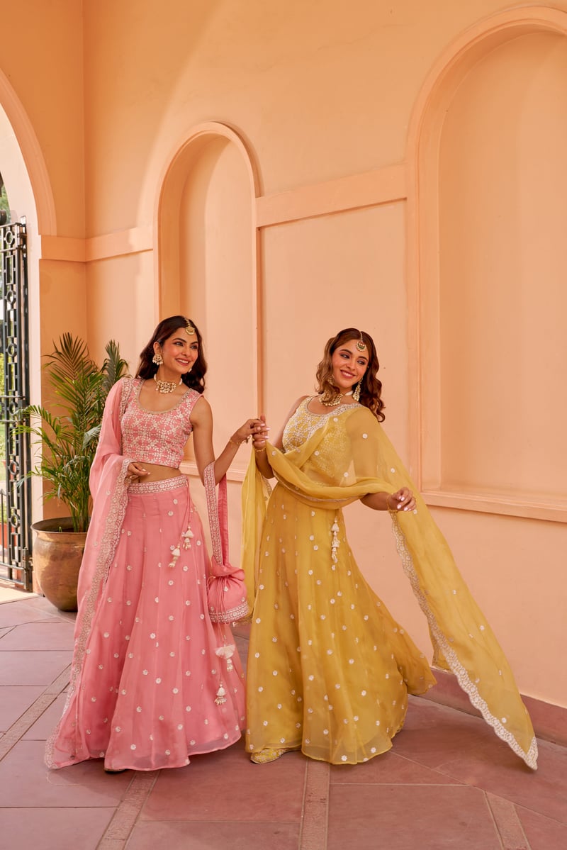 Pink Organza Embroidered Lehenga Set with Dupatta