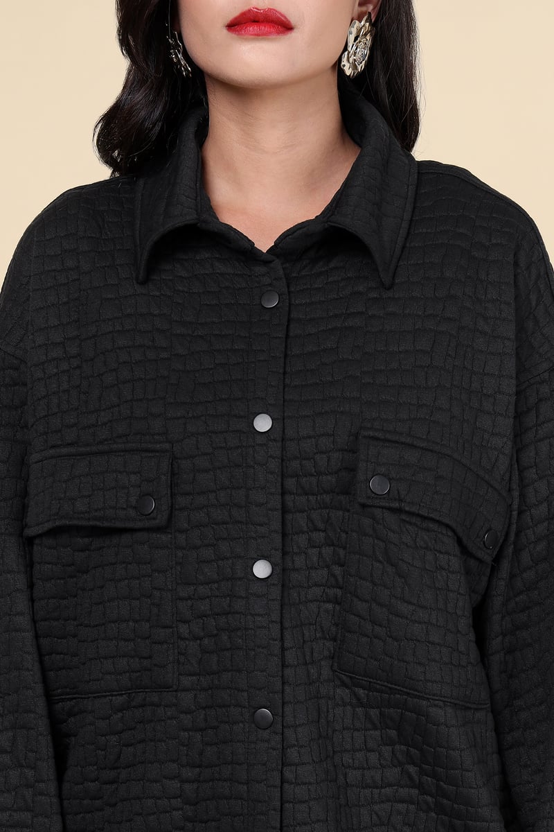 Black Quilted Shirt Jacket and Tapered Pants Co-ord Set