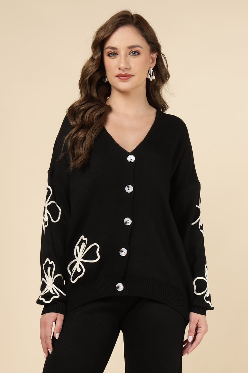Black Knit Button-Front Top and Wide-Leg Pants Co-ord Set