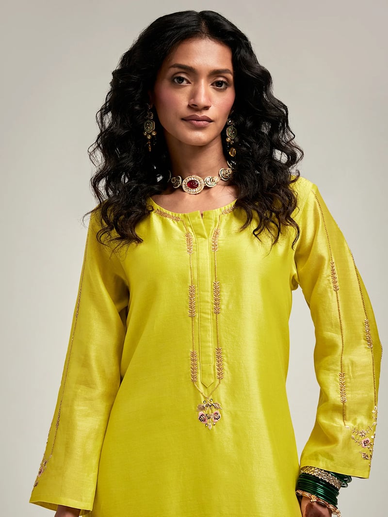 Lime Silk Chanderi Embroidered Straight Kurta