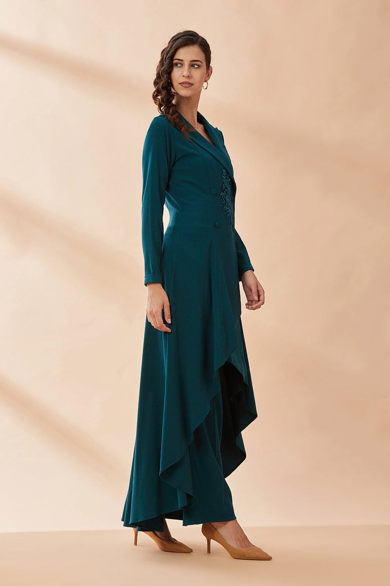 Green Crystal-Embellished Blazer Tunic and Pant Co-ord Set