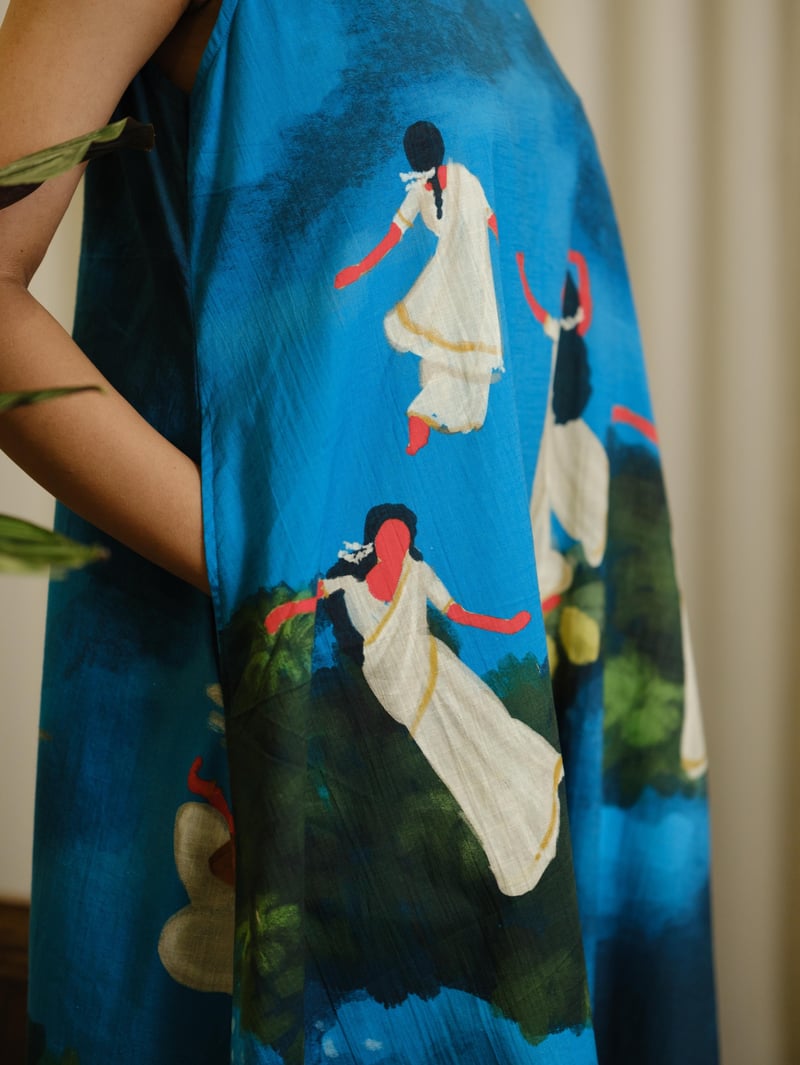 Blue Printed Organic Cotton Midi Shift Dress