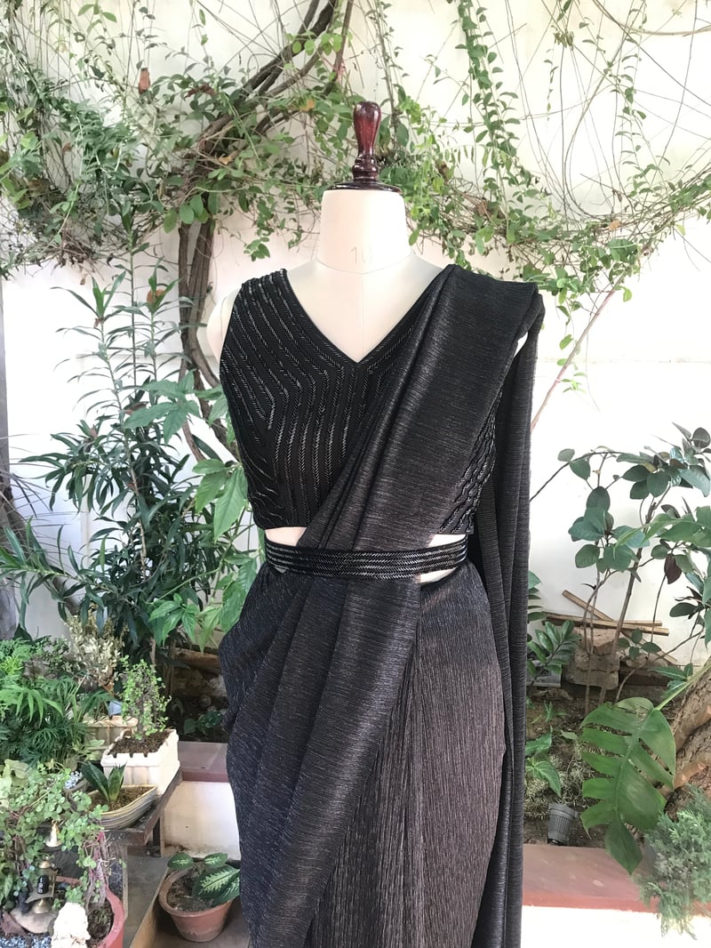 Black Shimmer Pleated Saree Set with Belt