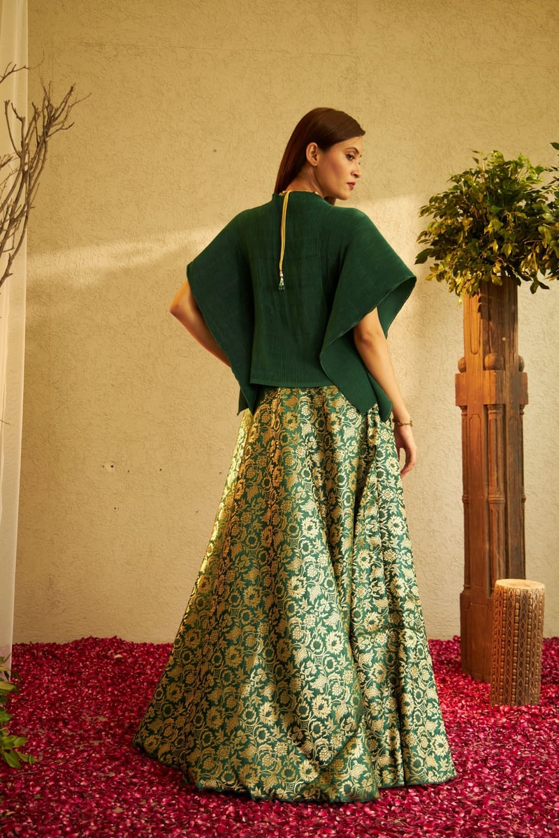 Green Pleated Cape Top and Brocade Ghagra Co-ord Set