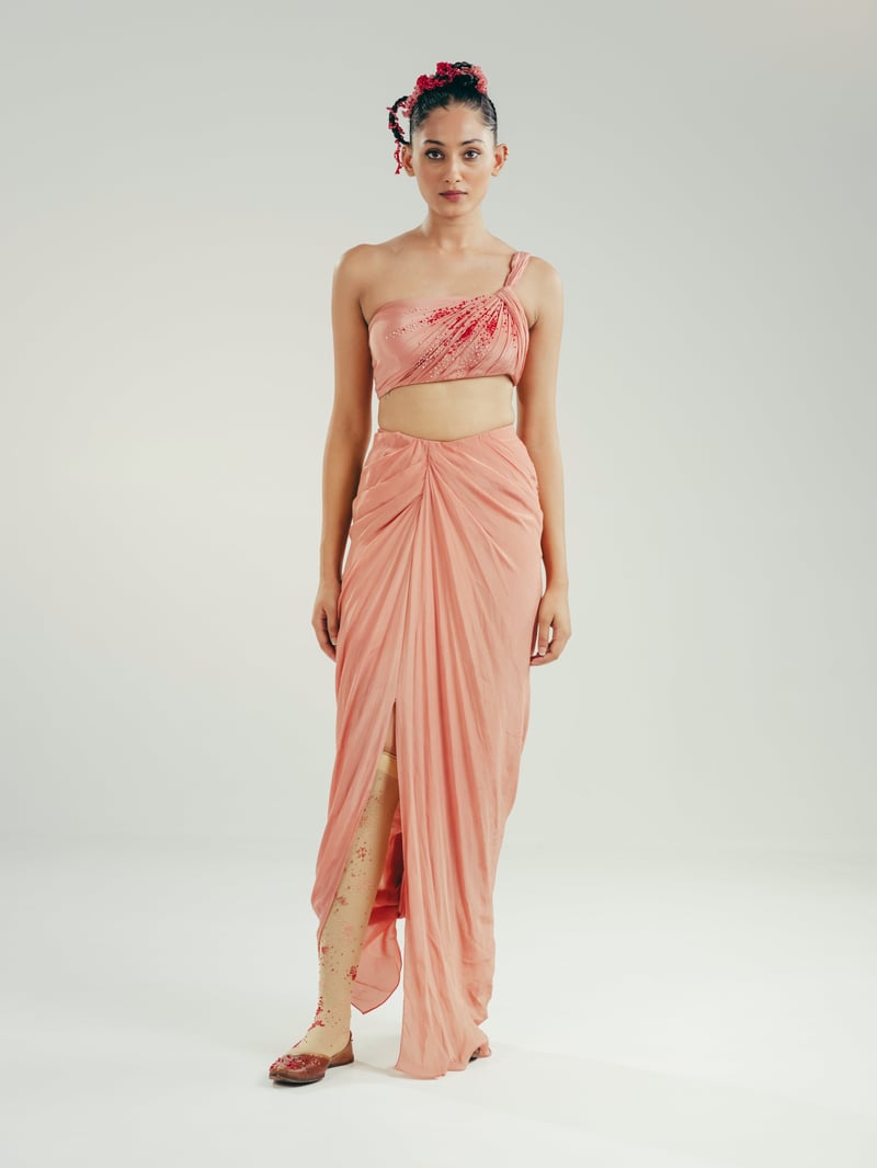 Pink One-Shoulder Bustier and Draped Dhoti Skirt Set