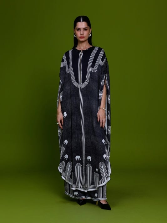 Black Cupro Satin Printed Kaftan and Pant Co-ord Set — Kamaali Pret