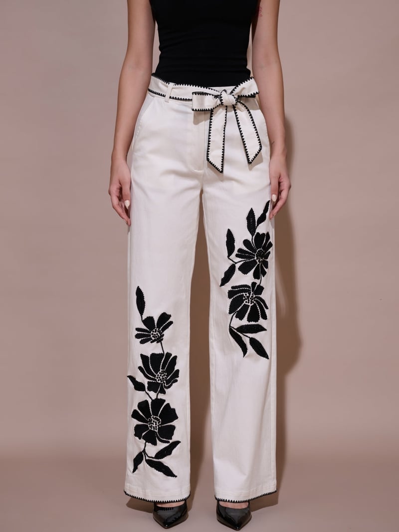 White Wide-Leg Embroidered Trousers