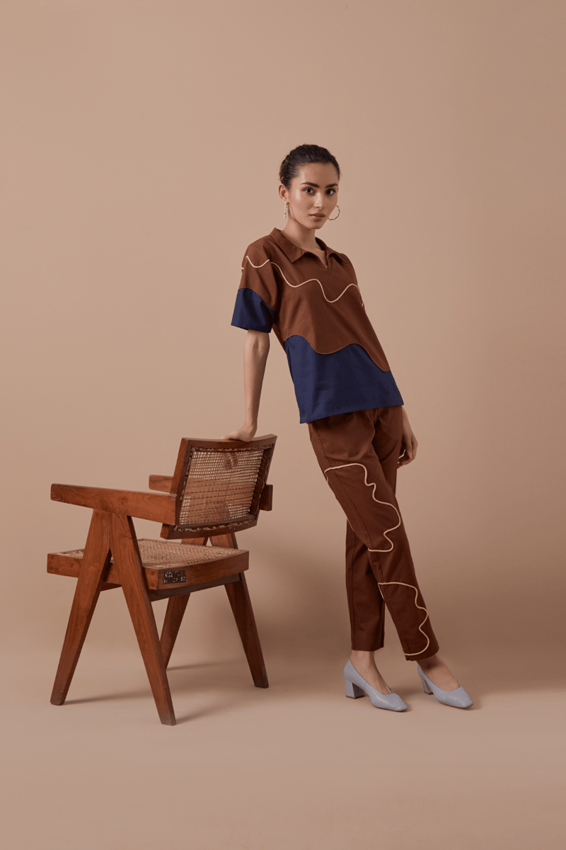 Mocha Brown Colorblocked Cotton Twill Co-ord Set