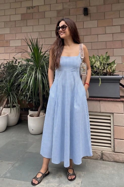 Blue Gingham Square Neck Fit and Flare Midi Dress