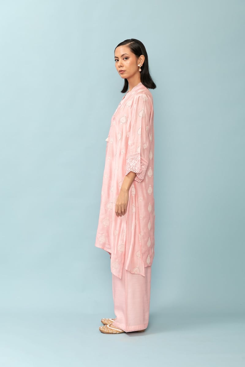 Baby Pink Asymmetric Embroidered Kurta Set